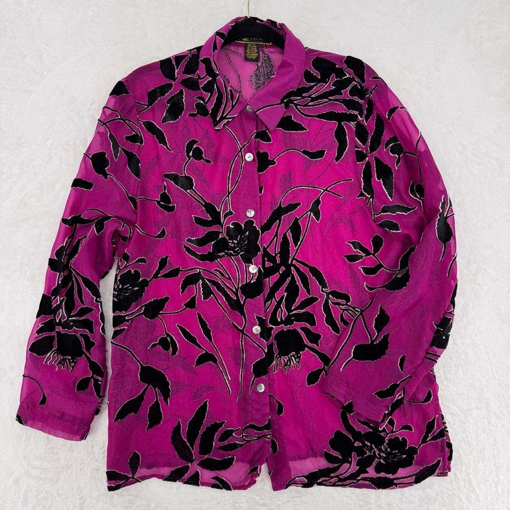 Sheer Top Purple Magenta Black Velvet Flowers Vintage Mirasol Whimsigoth XL